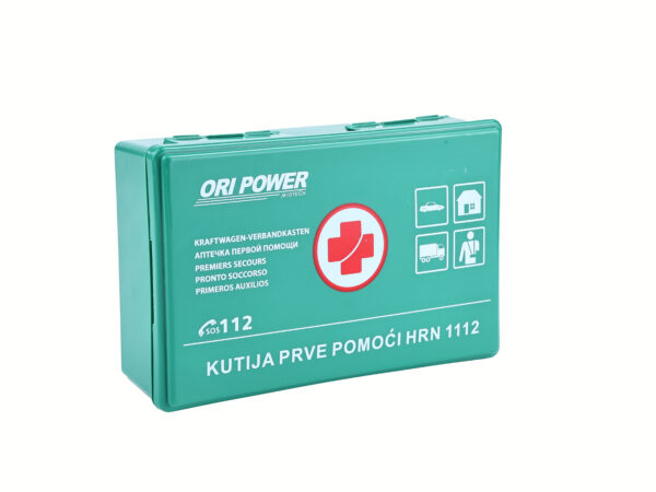 Side of green DIN 13164 First Aid Kit Box