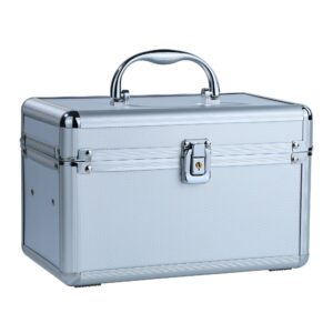 A silver metal case featuring a sturdy handle, designed for easy transport and secure storage of items inside.