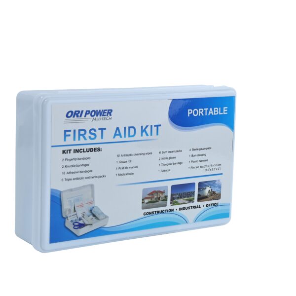 An image of a portable first aid kit, equipped with essential items for immediate medical assistance.