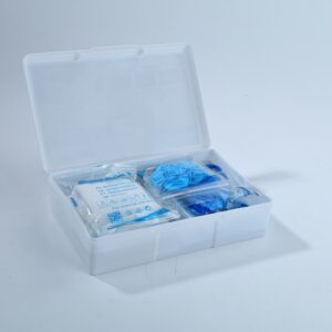 A compact first aid kit featuring various medical supplies, designed for quick access in emergencies.