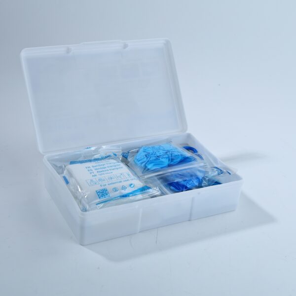 A compact first aid kit featuring various medical supplies, designed for quick access in emergencies.