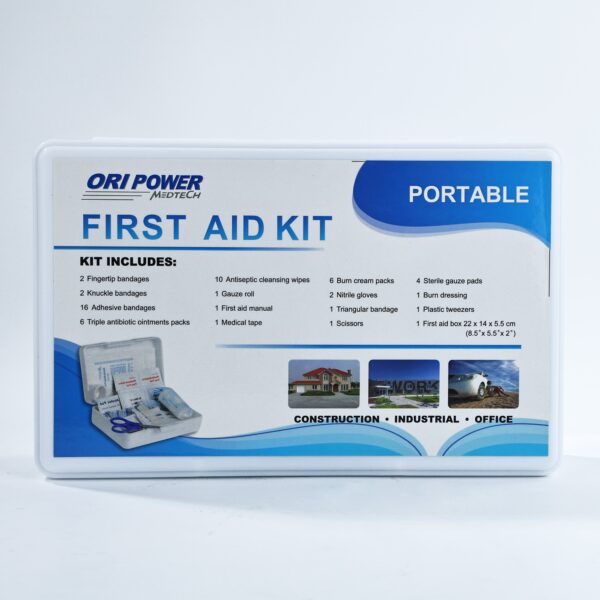 A portable first aid kit displayed, showcasing essential medical supplies for emergency situations.