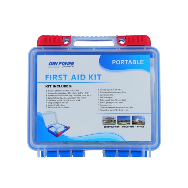 A plastic case holding a first aid kit, featuring various medical items for treating injuries and emergencies.