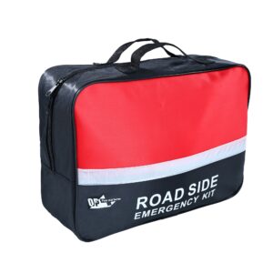 Red and black roadside emergency kit bag with handle, labeled 'Road Side Emergency Kit